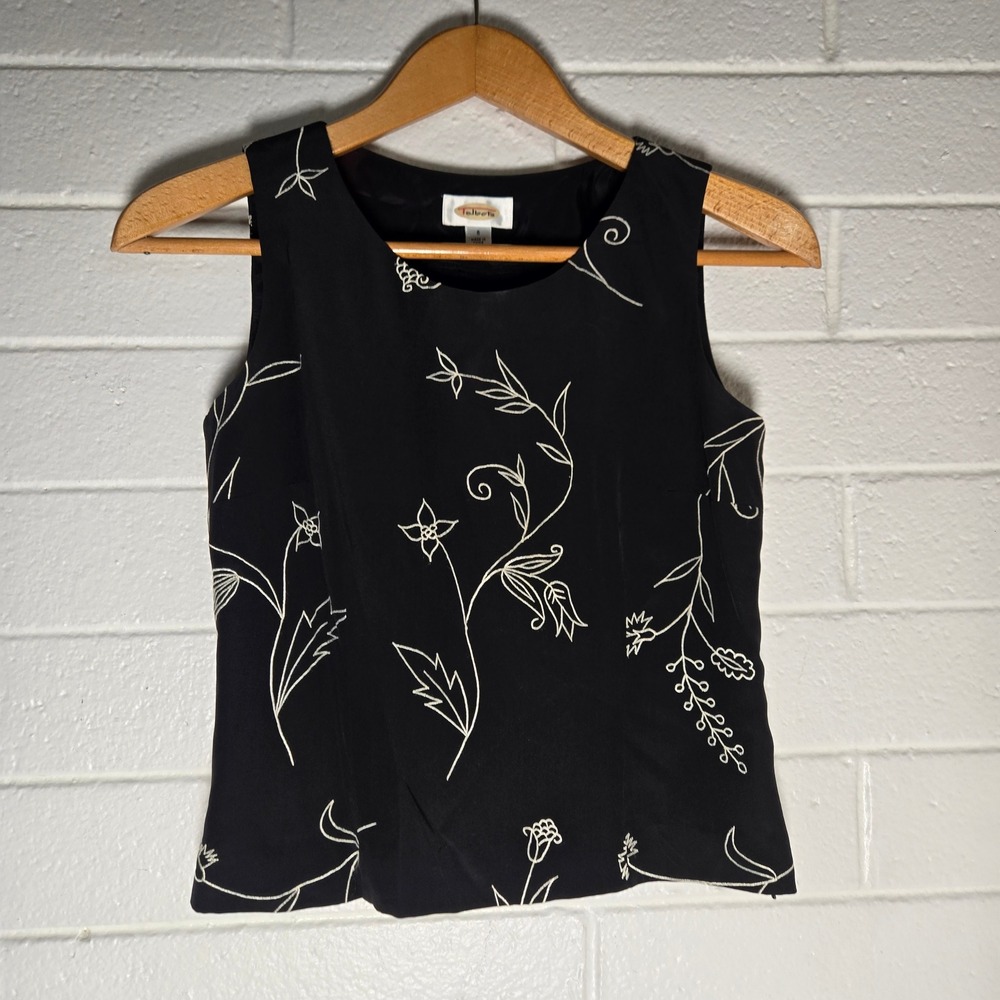 Vtg Talbots Silk Tank Top 6 Black White Floral Embroidered Whimsigoth Fairy